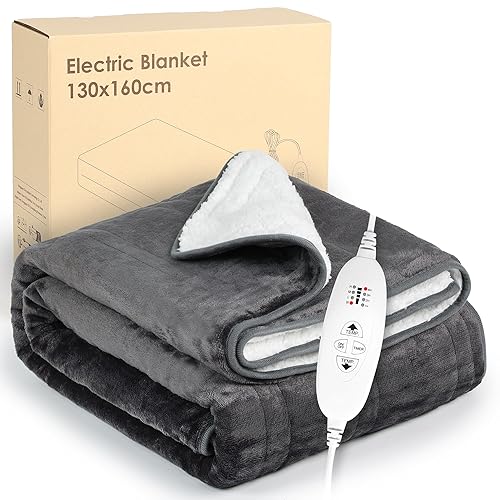 Lyssiefeel Electric Heated Blanket Throw,Flannel+Sherpa fleece Heated Blanket,4 Heat Settings, 4 Timer Settings,160 X 130cm - Double - Grey