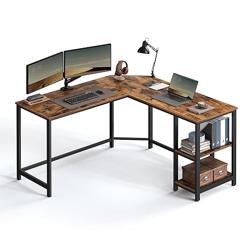 VASAGLE Computer Desk, L-Shaped Corner Desk, Gaming Desk, Workstation with 2 Storage Shelves for Home Office, Space-Saving, Easy to Assemble, Rustic Brown and Black LWD72X - Rustic Brown + Black