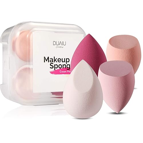 DUAIU 4 Pack Beauty Blender Foundation Sponges Set 4 Color, Latex Free with 1 Sponge Holder Case for Liquid Foundation Powder Sunscreen and Cream - Cream Pink