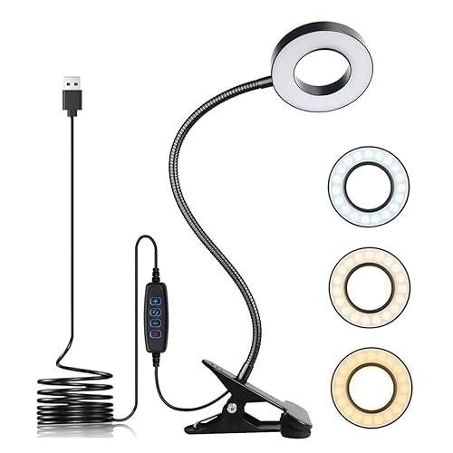 KNAMKY USB LED Desk Lamp Clip On Light, 3 Light Mode 10 Dimmable Brightness Eye Caring Book Adjustable for Reading Studying Working Video Conference Lighting (Black) - Black