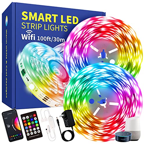 100ft Led Lights Strips, Smart WiFi Led Strip,RGB Led Lights Work with Alexa and Google Assistant,Music Sync Color Changing 5050 Rope Lights,Bluetooth Led Lights Strip for Bedroom,Kid Decor - 100FT-RGB