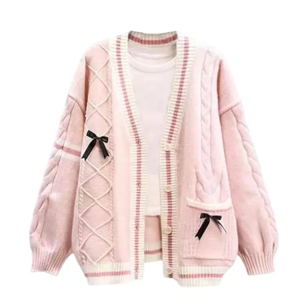FindThy Women’s Kawaii JK School Uniform Cardigans Long Sleeve Button Up Cardigan with Pinned Bowknot - Pink - One Size
