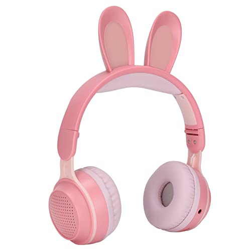Foldable Bluetooth 5.0 Headphones with Microphone Cute Rabbit Ear Wireless Over Ear Headphones for Green Kids Teens Adults, 12 Hours of Listening Time, TF/Aux, Built in 7