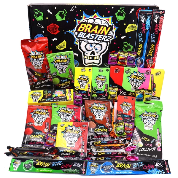 Sour Candy LARGE Gift Box by Brain Blasterz | Hard Sour Candy, Brain Breakerz, Sour Chew Bar, Lollipop, Brain Bitz, Sour Powder & More | Apple, Strawberry, Lemon, Cola & More | Birthday Candy Bulk