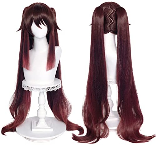 SL Brown Pigtails Wig for Hu Tao Cosplay Wig Anime Straight Cosplay Hair Wigs with Ponytails + Cap (Hu Tao) - for Hu Tao