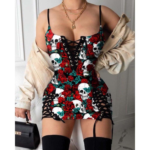 Skull Rose Pattern Gothic Eyelet Lace-up Letter Dress | XL / White
