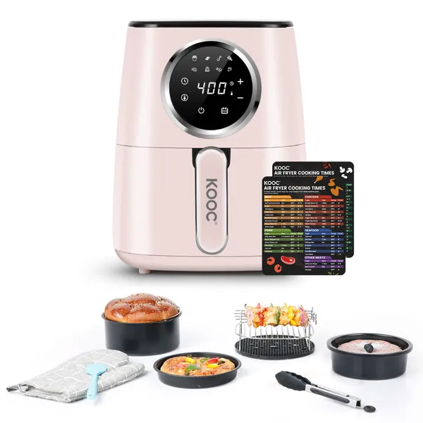 [BUDDY GROUP] KOOC Large Air Fryer with Accessories, 4.5-Quart Electric Hot Oven Cooker, Free Cheat Sheet, LED Touch Digital Screen, 8 in 1, Customized Temp/Time, Nonstick Basket, Pink - 4.5 Quart Pink with Accessory