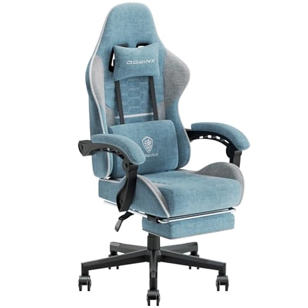 Dowinx Gaming Chair Fabric with Pocket Spring Cushion, Massage Game Chair Cloth with Headrest, Ergonomic Computer Chair with Footrest 290LBS, Blue and Grey
