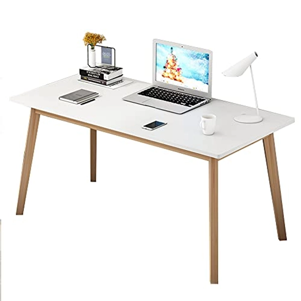 IOTXY Simple Wooden Writing Desk - Freestanding Modern PC Laptop Computer Workbench with Solid Wood Legs for Home Office, TV Table, Music Live Desk, White/Oak