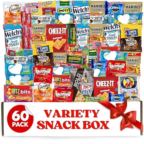 Variety Snack Box for Adults - 60 Count Care Package for Kids, College Students, and Office - Assorted Chips and Treats in a Beautiful Gift Box - 60 Count