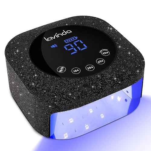 Lavinda 54W UV Nail Lamp, UV Light for Gel Nails, Cordless Rechargeable UV LED Nail Lamp Nail Light with 4 Timer and LCD Display, Professional Fast Curing Lamp Nail Dryer with Black Rhinestone - Black Diamond