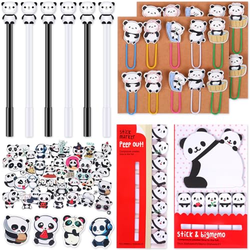 78 Pcs Panda Pens Set Cute Animal Panda Gel Ink Pens Paperclip Bookmarks Sticky Memos Notes Waterproof Panda Stickers Panda Stationary Set for School Office Party Favors
