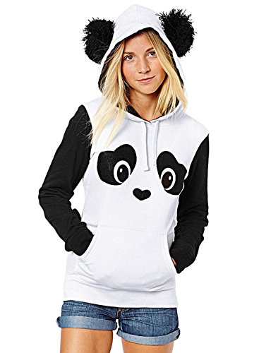 ZXZY Women Cute Cotton Blend Long Sleeve Panda Print Hoodies Pullover Tops - Medium White