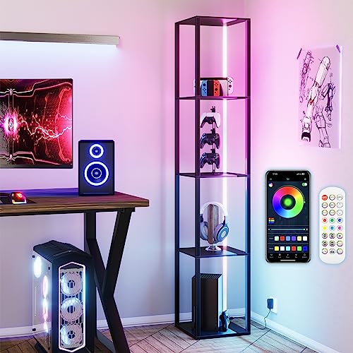 Saudism RGB Floor Lamp with Shelves, Tall Standing Lamp for Living Room, LED Display Shelf for Collectibles, Modern Floor Lamp with Remote and App Control, 63.8 Inches, Black