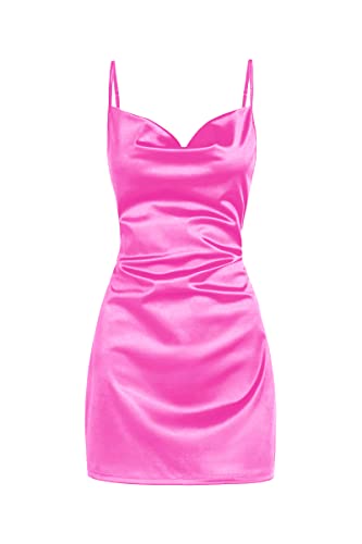 ZAFUL Women's Satin Sleeveless Spaghetti Strap Mini Dress Sexy Slip Cowl Neck Cocktail Party Dresses - Large - 1-hot Pink