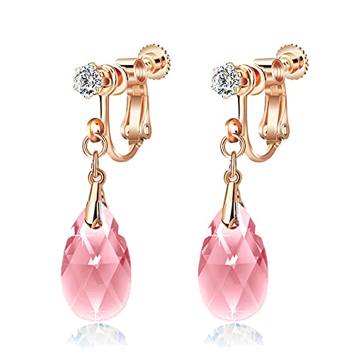 Teardrop Austrian Crystal Drop Clip On Dangle Earrings for Women Non Pierced 14K Rose Gold Plated Hypoallergenic Jewelry - Pink