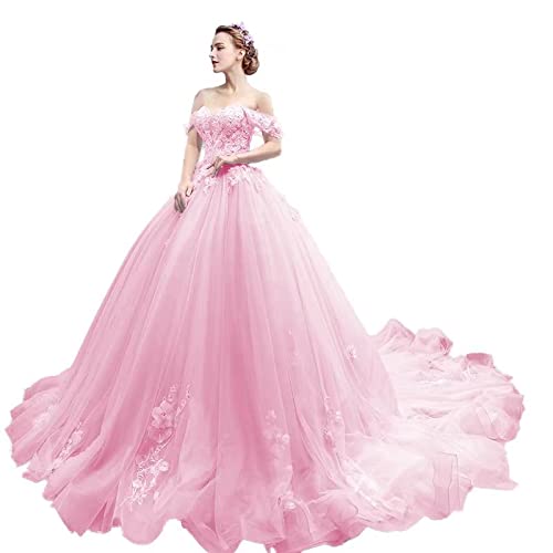 Tulle Off The Shoulder Quinceanera Dresses Ball Gowns for Women Lace Apllique Long Prom Dress with Train - Pink - 16