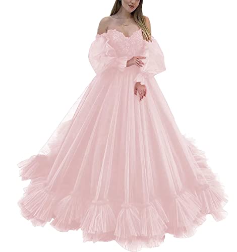 MARSEN Off Shoulder Lace Appliques Ball Gown Quinceanera Dresses Long Sleeve Wedding Dress Bridal Gowns - Pink - 16