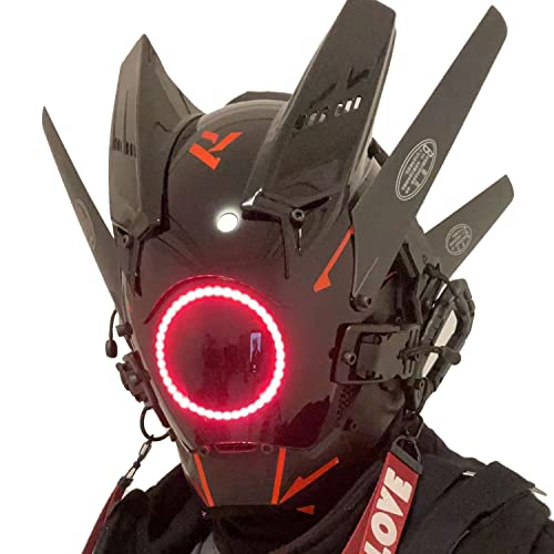 HCYPUNK Punk Mask Helmet Cosplay for Men, Futuristic Punk Techwear, Halloween Cosplay Fit Party Music Festival Accessories with Light, Black