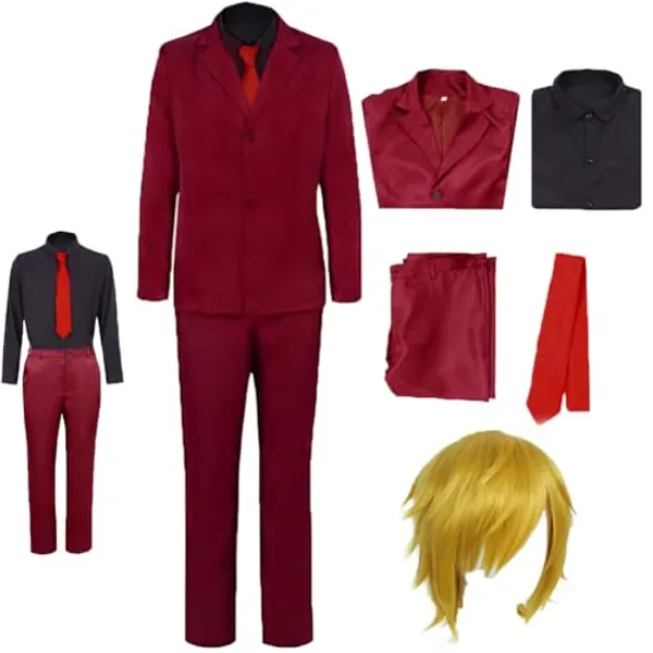 HUFEKA Sanji Cosplay Costume Sanji Uniform Suits Jacket Shirt for Halloween with Wig - Red（wig） - Medium