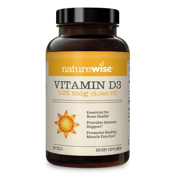 NatureWise Vitamin D3 5000iu (125 mcg) 1 Year Supply for Healthy Muscle Function, and Immune Support, Non-GMO, Gluten Free in Cold-Pressed Olive Oil, Packaging Vary ( Mini Softgel), 360 Count - 5000IU - 360 Count (Pack of 1)