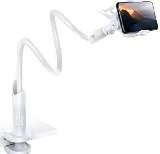 Phone Holder Bed Gooseneck Mount - Lamicall Cell Phone Clamp Clip for Desk, Flexible Lazy Long Arm Headboard Bedside, Overhead Mount Stand, Compatible with Phone 12 Mini 11 Pro Xs Max XR X 8 7 6 Plus - White