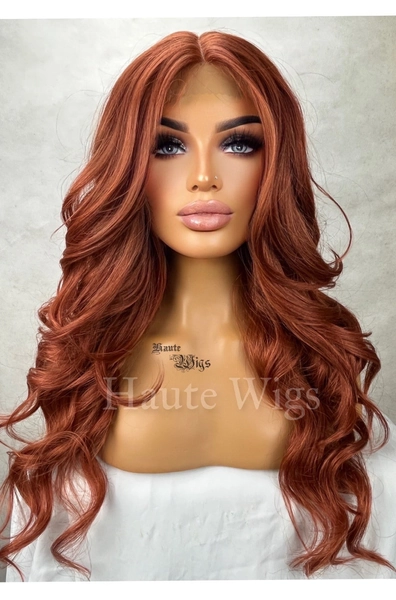 Valentine - Auburn Lace Front Human Hair Blends Womens Wig Ladies Deep Copper Ginger Brown Luxury Baby Hairs Center Parting Wavy Curly