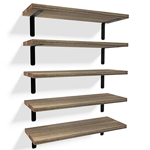 RICHER HOUSE Rustic Wood Shelves Set of 5, Farmhouse Style Floating Shelf for Wall Décor, Hanging Shelves forBathroom, Bedroom, Storage, Kitchen, Living Room - Carbonized Black - Carbonized Black