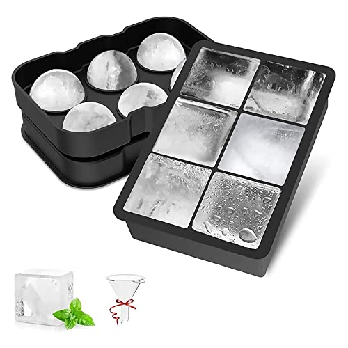 Cubitera de silicona con forma de bola de hielo grande – Cubitera para 6 cubitos, juego de 2 bandejas, sin BPA, para bebidas frías, whisky y cócteles - Cuadrado + Redondo