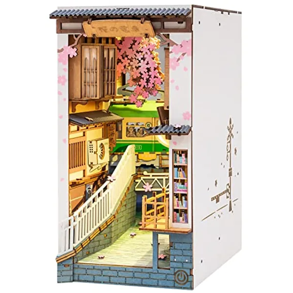 ROBOTIME Sakura Densya Book Nook Kit, Casa Libros de Madera, Bookend con Luces LED, Hogar, Decoración de Estantería, Regalo del Día de la Madre