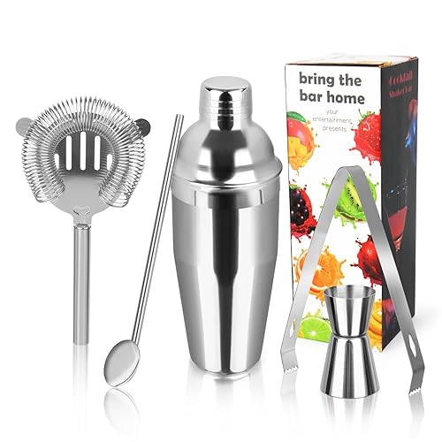 750ML Coctelera, 5 Piezas Juego de Cocktail Shaker INOX, coctelera Profesional Herramientas con Medidor, Cuchara, para Mezclar Bebidas, Hogar, Barra, Fiestas (Plata)