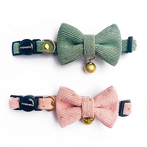 Cognatio Safety Quick Release Cat Collars, Soft Kitten Collars with Detachable Bow Tie and Bell, Pack of 2, Adjustable 20-30 cm (Green+Pink) - 20-30 cm - Green+Pink