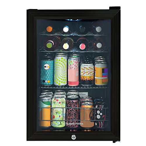 Russell Hobbs 20 Bottle/62L Lockable Freestanding Table Top Mini Beer & Wine Cooler, LED Light & Lock and Key with Glass Door RHGWC4B-LCK - Black
