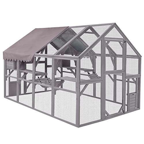 Aivituvin Cat Run Large Cat Enclosure Wooden Cat Catio Outdoor Kitty House with Bridges, Walks, Small Houses, Roof Cover 110 Inch - 56.54ft²
