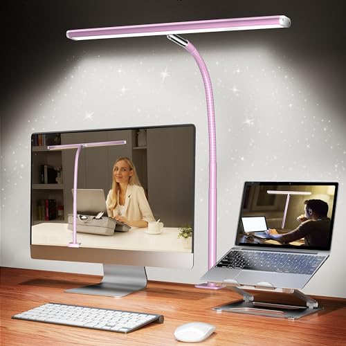Airlonv LED Desk Lamp for Office Home, Eye-Caring Desk Light with Stepless Dimming Adjustable Flexible Gooseneck, 10W USB Adapter Desk Lamp with Clamp for Reading, Study, Workbench (Grey) - Pink