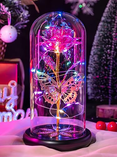 Galaxy Glass Rose Flower Eternal Crystal Light Up Rose in Glass Dome with Butterfly - D Pink