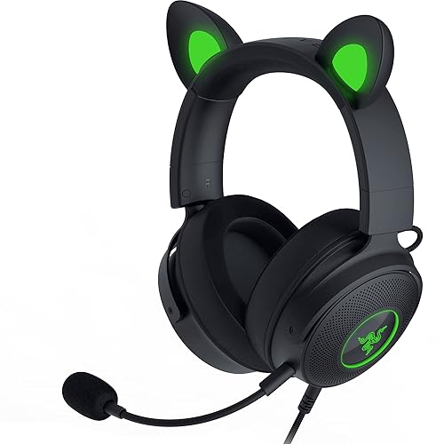 Razer Kraken Kitty V2 Pro Wired RGB Headset: Interchangeable Ears (Kitty, Bear, Bunny) - Stream Reactive Lighting - Detachable HyperClear Cardioid Mic - 50mm Drivers - 7.1 Surround Sound - Black - Classic Black - Kraken Kitty V2 Pro