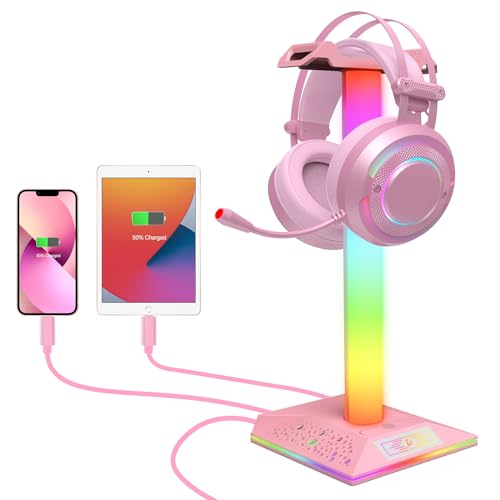 RGB Headset Stand PC Desk Accessories with 2 USB Charging Ports and 1 Type-C Port, Gaming Headphone Stand Holder with 10 Light Modes, Best Gift for Men,Kids,All Gamer’s Friend.(Pink) - Pink