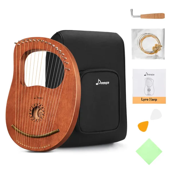 Donner DLH-003 Lyre Harp, 16 Metal Strings Copper Saddle Mahogany Lyre Harp with Tunning Wrench, Extract Strings, Manual and Gig Bag