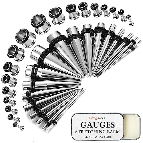 BodyJ4You 37PC Ear Stretching Kit - 14G-00G Beginner Gauges - Aftercare Balm Wax - Surgical Steel Tapers Single Flare Plugs Screw Fit Tunnels - Stretchers Expanders Eyelets - Silvertone, Single Flare