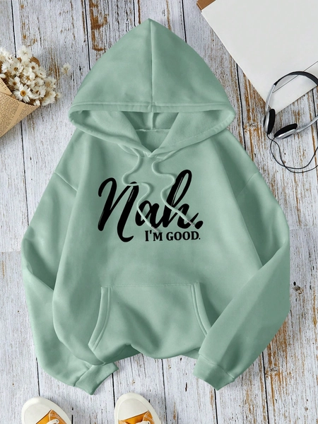 SHEIN LUNE Letter Graphic Kangaroo Pocket Drawstring Thermal Hoodie