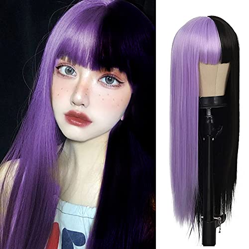 Kaneles Half Purple Half Black Wig Long Straight Hair with Bangs for Women Cosplay Natural Wig for Cosplay Party Halloween - Half Purple Half Black