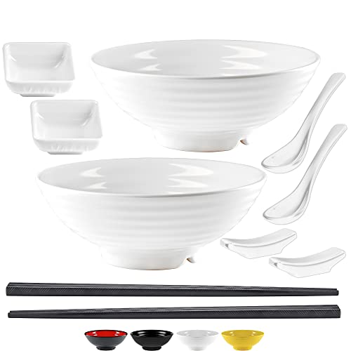Practimondo Noodle Bowls Set - large 32oz Ramen Bowl Set for authentic Asian Cuisine - comes with Dipping Bowls, Spoons and Chopstick Stands. Enjoy Thai Miso, Udon or Wonton (2 Bowl Set, White) - 2 Bowl Set - White