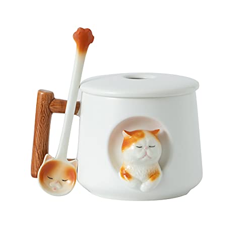 DIHOclub Ceramic Coffee Mug with Lid and Matching Spoon,Novelty 3D Cat Pattern Mug for Tea Milk Chocolate Juice,Cute Cup for Dog Lovers,Perfect Gifts-14 Ounces(white) - White