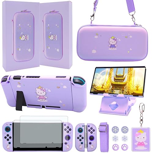 GUTIAL Accessories Bundle for Nintendo Switch - Cute Kawaii NS Accessories kit for Grils Boys Kids with Travel Carrying Case and Cartoon Dockable Cover Case, Screen Protector, Stand - Purple - Switch - Switch Purple-Kitty