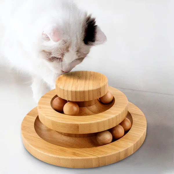 Ginkko Interactive Bamboo Cat Toy, Kitten Toys-Double Layer Track Balls Turntable for Kitty Cat, Funny Roller Cat Tower Toys, Gifts for Your Cats