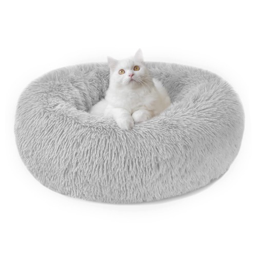 Calming Dog Cat Bed Donut - 19.69'' Anxiety Dog Bed Small, Fluffy Round Cat Anti Anxiety Beds for Indoor Cats, Cute Warm Pet Bed with Waterproof Bottom for Dogs Cats, Washable M(19.69''/50cm), Light Gray
