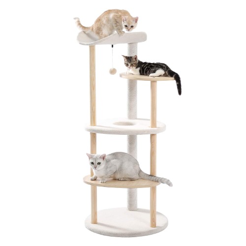 PAWZ Road Cat Tree, 5-Levels Cat Tower Modern Cat Furniture Wooden Activity Center with Scratching Posts Beige