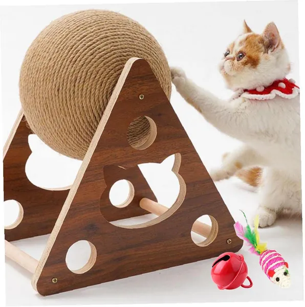 Natural Sisal Cat Scratching Ball, Cat Scratcher Toy, Cat Scratcher Toy with Ball, Interactive Solid Wood Scratcher Pet Toy, Scratching Ball for Cats and Kittens (B) (Medium)