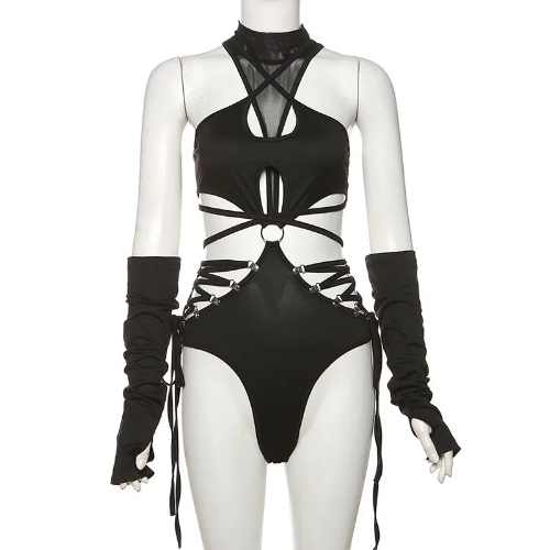 'Dark Twist' Mesh Hollow Cut Out Clubbing Cosplay Goth Bodysuit - black / M